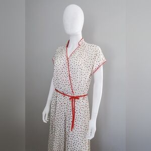 Vintage 1950's Floral Wrap Dress with Red Piping + Tie Belt M